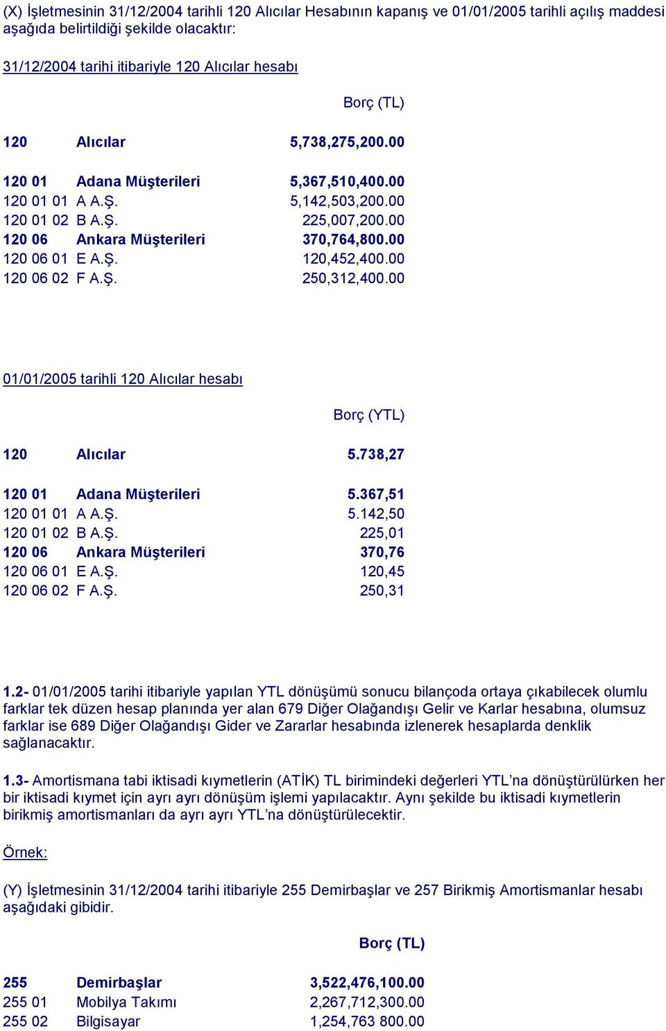 00 120 06 02 F A.Ş. 250,312,400.00 01/01/2005 tarihli 120 Alõcõlar hesabõ Borç (YTL) 120 Alõcõlar 5.738,27 120 01 Adana Müşterileri 5.367,51 120 01 01 A A.Ş. 5.142,50 120 01 02 B A.Ş. 225,01 120 06 Ankara Müşterileri 370,76 120 06 01 E A.