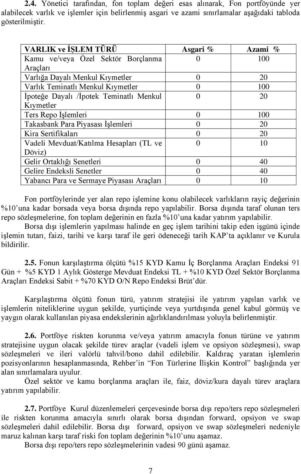 Menkul 0 20 Kıymetler Ters Repo İşlemleri 0 100 Takasbank Para Piyasası İşlemleri 0 20 Kira Sertifikaları 0 20 Vadeli Mevduat/Katılma Hesapları (TL ve 0 10 Döviz) Gelir Ortaklığı Senetleri 0 40