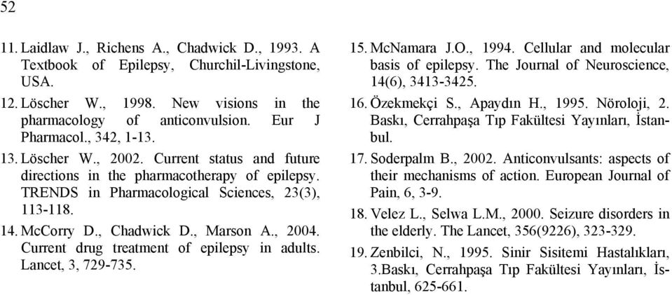 , 2004. Current drug treatment of epilepsy in adults. Lancet, 3, 729-735. 15. McNamara J.O., 1994. Cellular and molecular basis of epilepsy. The Journal of Neuroscience, 14(6), 3413-3425. 16.