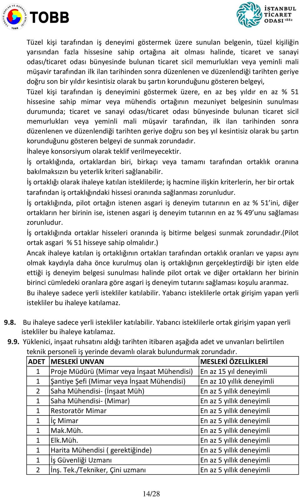 korunduğunu gösteren belgeyi, Tüzel kişi tarafından iş deneyimini göstermek üzere, en az beş yıldır en az % 51 hissesine sahip mimar veya mühendis ortağının mezuniyet belgesinin sunulması durumunda;