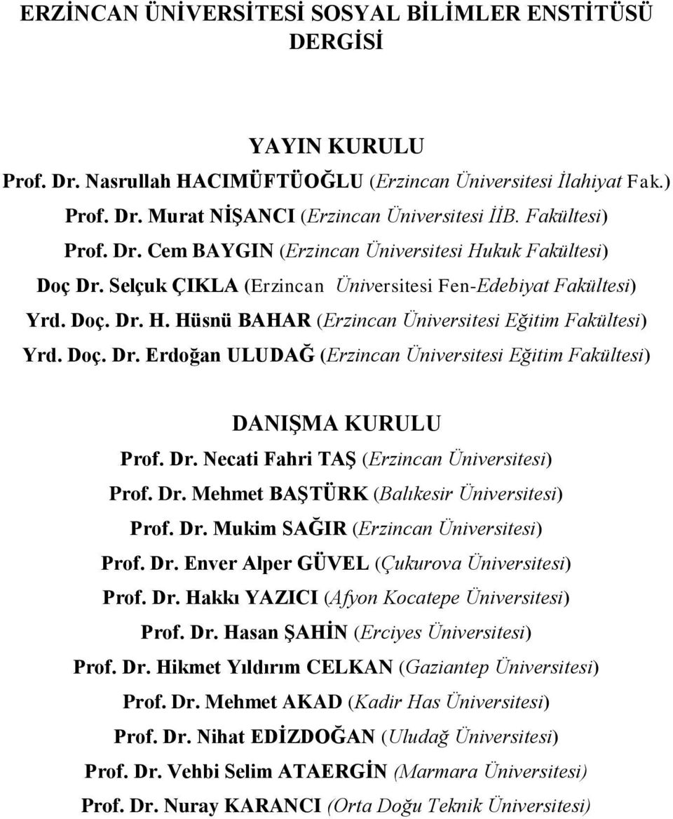 Doç. Dr. Erdoğan ULUDAĞ (Erzincan Üniversitesi Eğitim Fakültesi) DANIġMA KURULU Prof. Dr. Necati Fahri TAġ (Erzincan Üniversitesi) Prof. Dr. Mehmet BAġTÜRK (Balıkesir Üniversitesi) Prof. Dr. Mukim SAĞIR (Erzincan Üniversitesi) Prof.