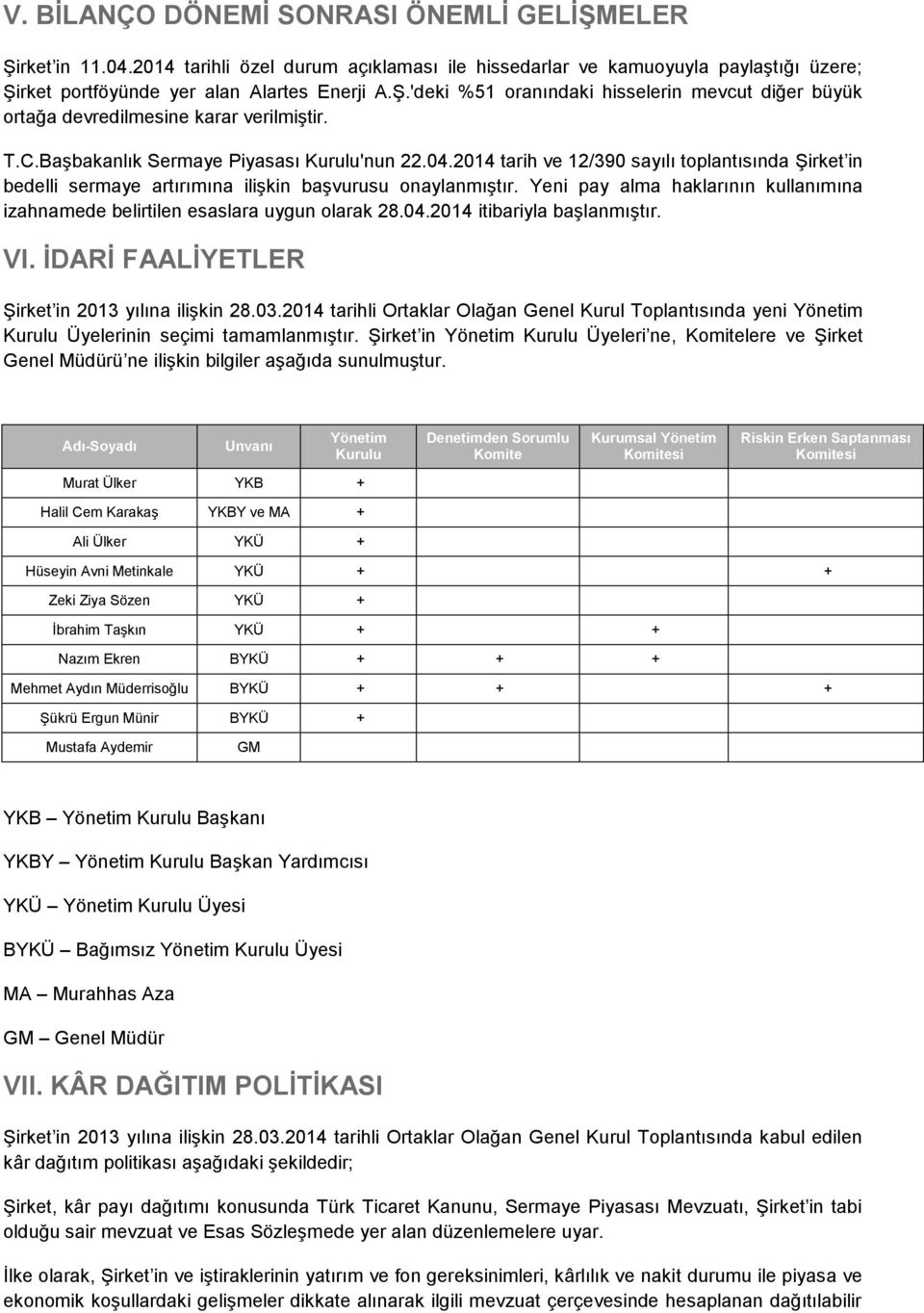 Yeni pay alma haklarının kullanımına izahnamede belirtilen esaslara uygun olarak 28.04.2014 itibariyla başlanmıştır. VI. İDARİ FAALİYETLER Şirket in 2013 yılına ilişkin 28.03.