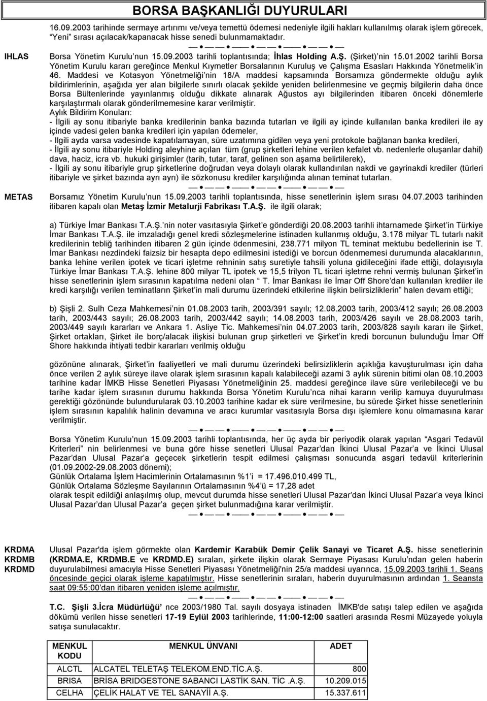 Borsa Yönetim Kurulu nun 15.09.2003 tarihli toplantõsõnda; İhlas Holding A.Ş. (Şirket) nin 15.01.