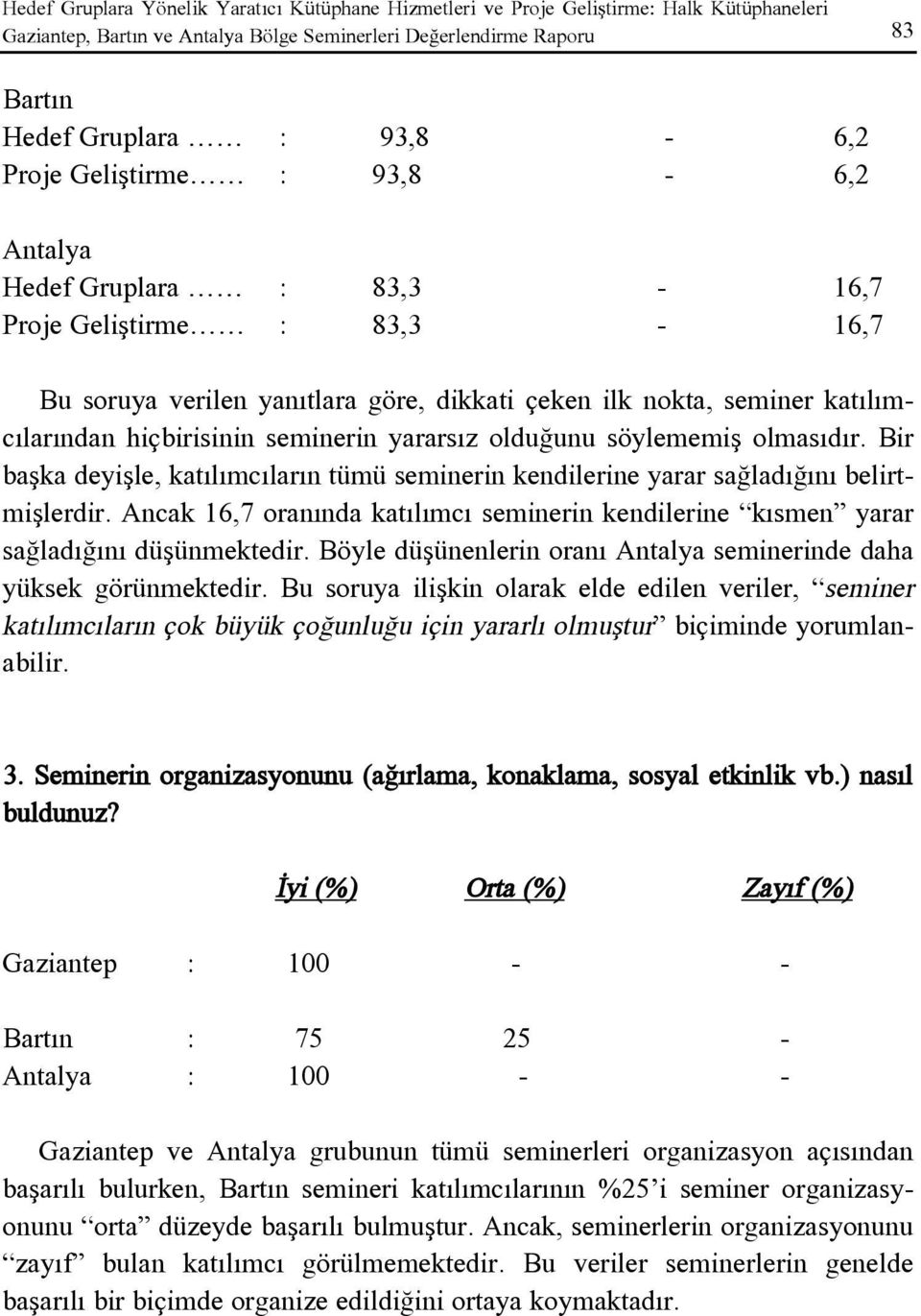 yararsýz olduðunu söylememiþ olmasýdýr. Bir baþka deyiþle, katýlýmcýlarýn tümü seminerin kendilerine yarar saðladýðýný belirtmiþlerdir.