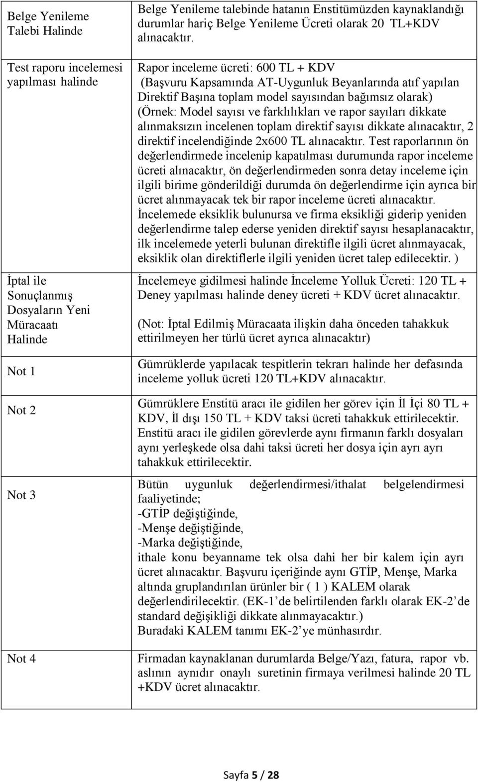 Rapor inceleme ücreti: 600 TL + KDV (Başvuru Kapsamında AT-Uygunluk Beyanlarında atıf yapılan Direktif Başına toplam model sayısından bağımsız olarak) (Örnek: Model sayısı ve farklılıkları ve rapor