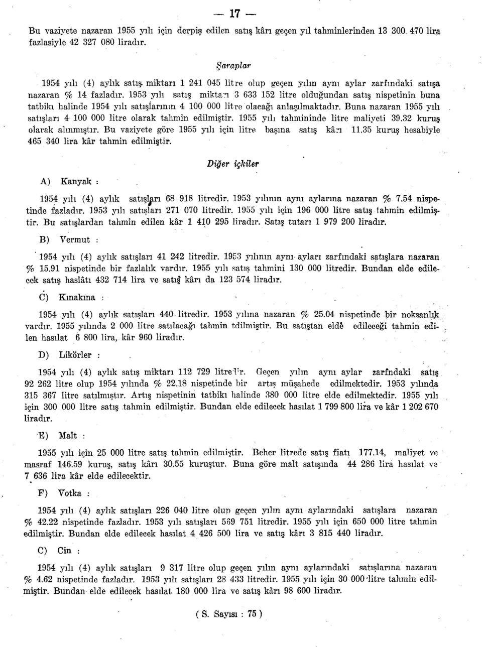 1953 yılı satış miktarı 3 633 152 litre olduğundan satış nispetinin buna tatbiki halinde 1954 yılı satışlarının 4 100 000 litre olacağı anlaşılmaktadır.