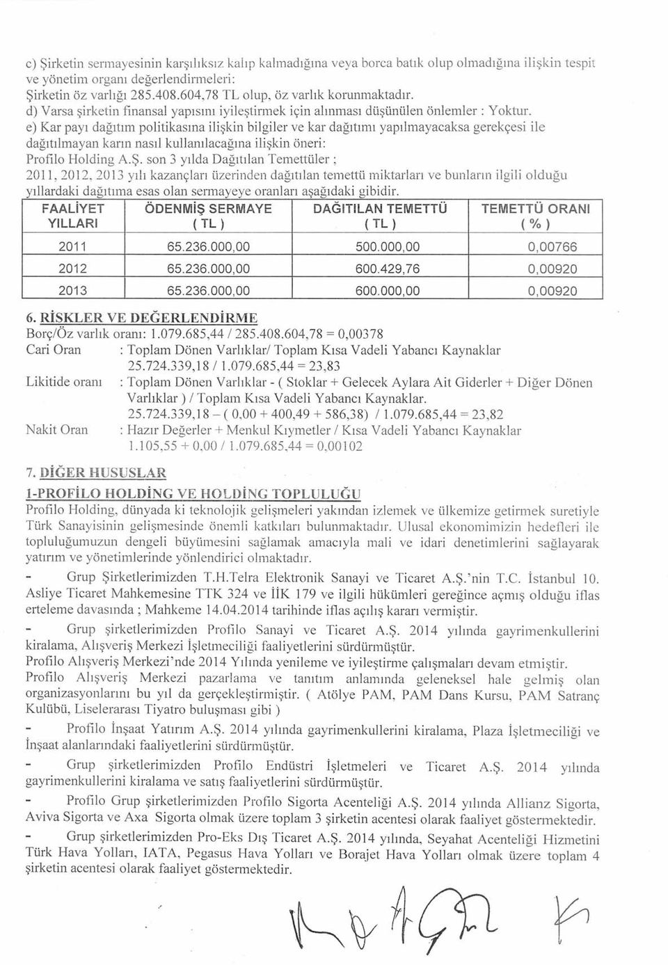 e) Kar payı dağıtım politikasına ilişkin bilgiler ve kar dağıtımı yapılmayacaksa gerekçesi ile dağıtılmayan karın nasıl kullanılacağına ilişkin öneri: Profilo Holding AŞ.