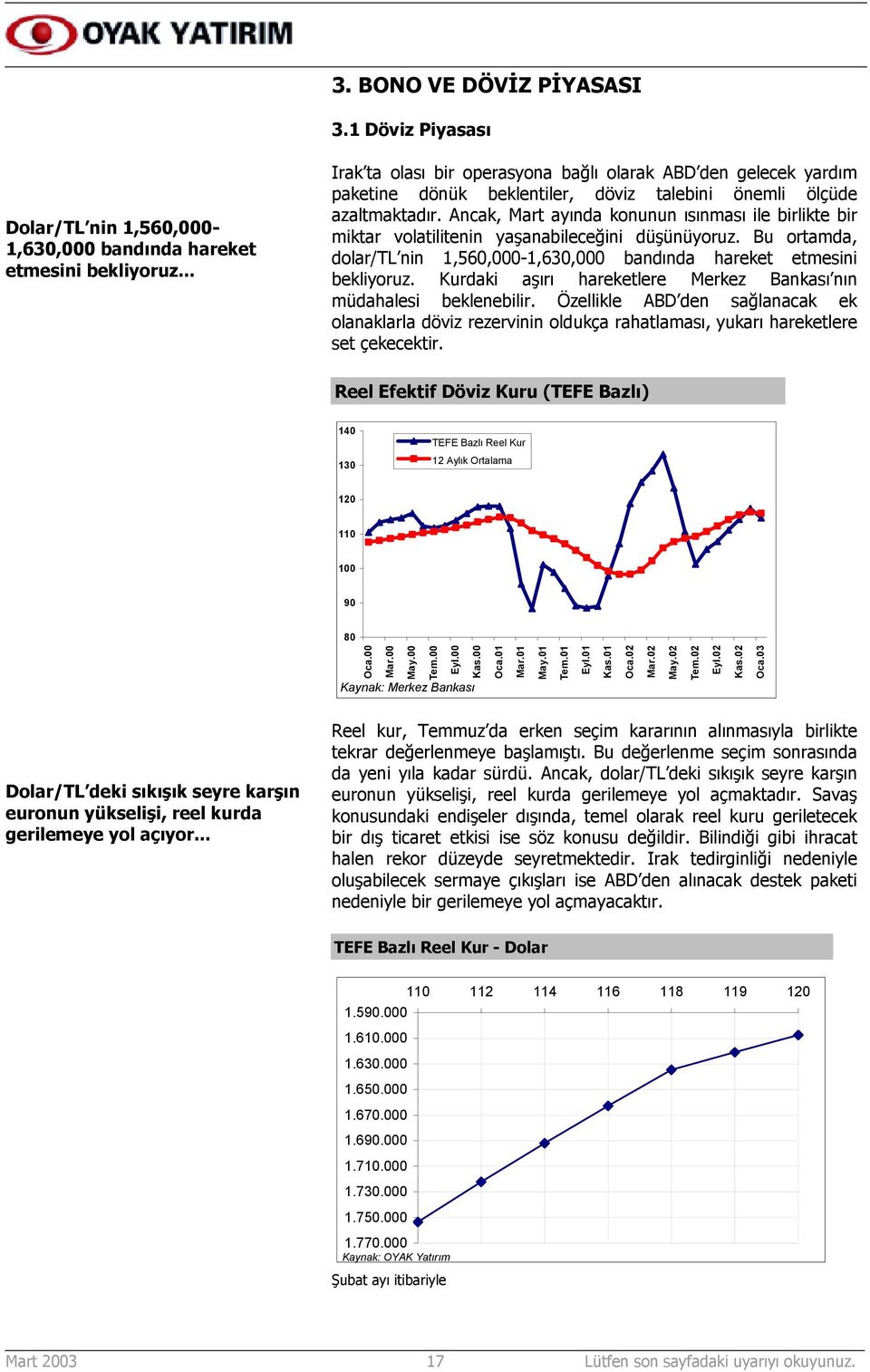 Ancak, Mart ayõnda konunun õsõnmasõ ile birlikte bir miktar volatilitenin yaşanabileceğini düşünüyoruz. Bu ortamda, dolar/tl nin 1,560,000-1,630,000 bandõnda hareket etmesini bekliyoruz.