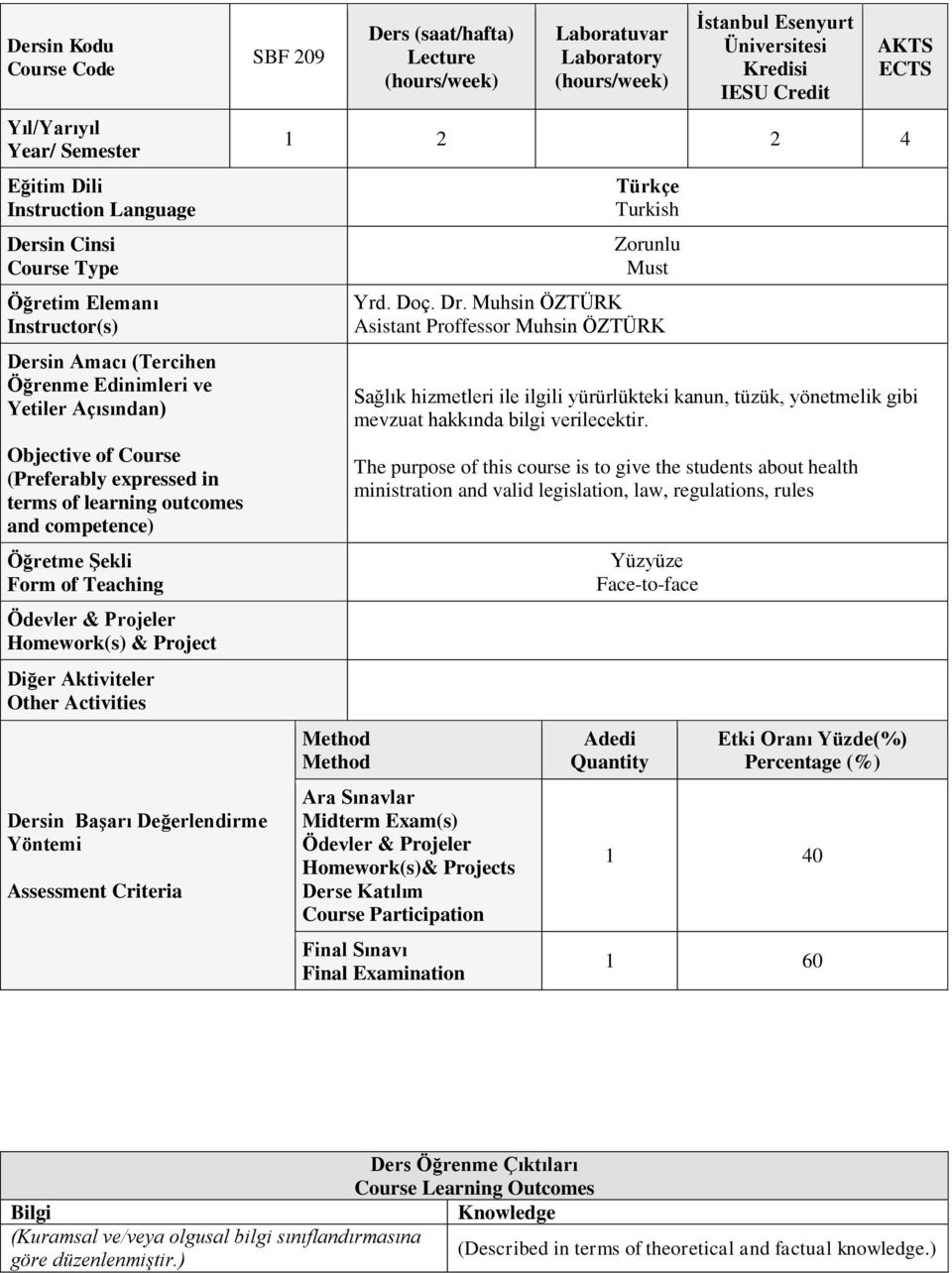 Activities Dersin Başarı Değerlendirme Yöntemi Assessment Criteria SBF 209 Ders (saat/hafta) Lecture (hours/week) Laboratuvar Laboratory (hours/week) İstanbul Esenyurt Üniversitesi Kredisi IESU