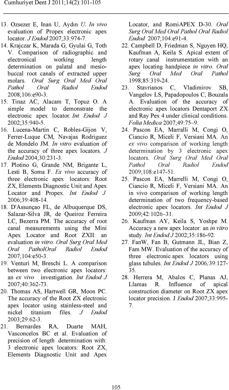 Oral Surg Oral Med Oral Pathol Oral Radiol Endod 2008;106:e90-3. 15. Tinaz AC, Alacam T, Topuz O. A simple model to demonstrate the electronic apex locator. Int Endod J 2002;35:940-5. 16.