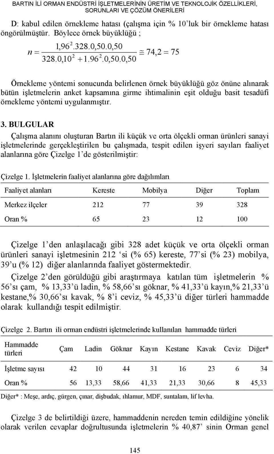 0,50 n = 2 2 328.0,10 + 1.96.0,50.0,50 74,2= 75 Örnekleme yöntemi sonucunda belirlenen örnek büyüklüğü göz önüne alınarak bütün işletmelerin anket kapsamına girme ihtimalinin eşit olduğu basit