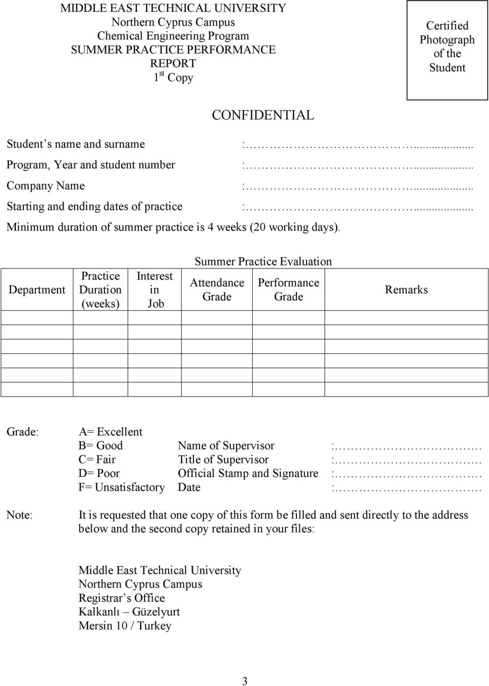 Department Practice Duration (weeks) Interest in Job Summer Practice Evaluation Attendance Grade Performance Grade Remarks Grade: Note: A= Excellent B= Good Name of Supervisor :.