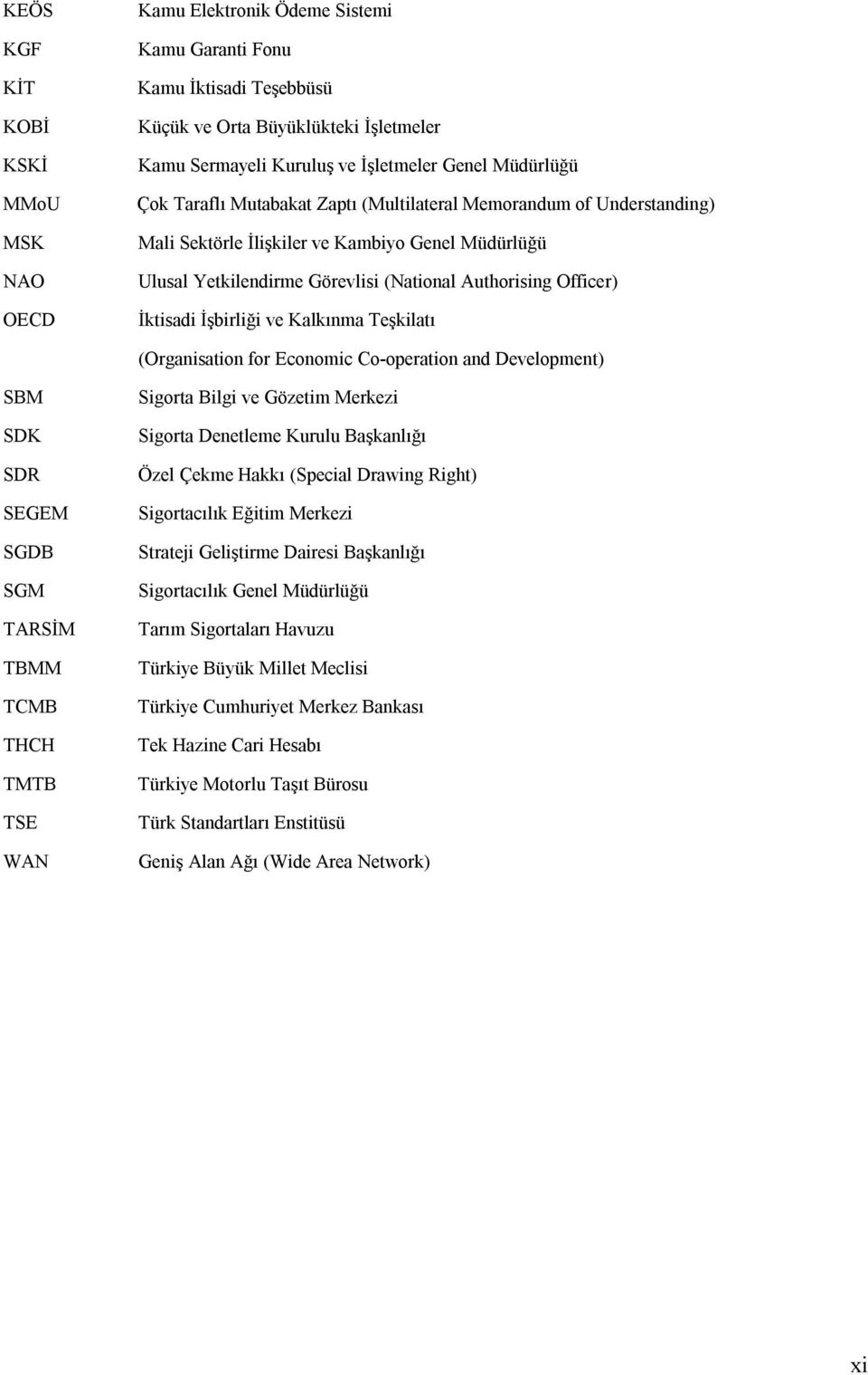 İktisadi İşbirliği ve Kalkınma Teşkilatı (Organisation for Economic Co-operation and Development) SBM SDK SDR SEGEM SGDB SGM TARSİM TBMM TCMB THCH TMTB TSE WAN Sigorta Bilgi ve Gözetim Merkezi