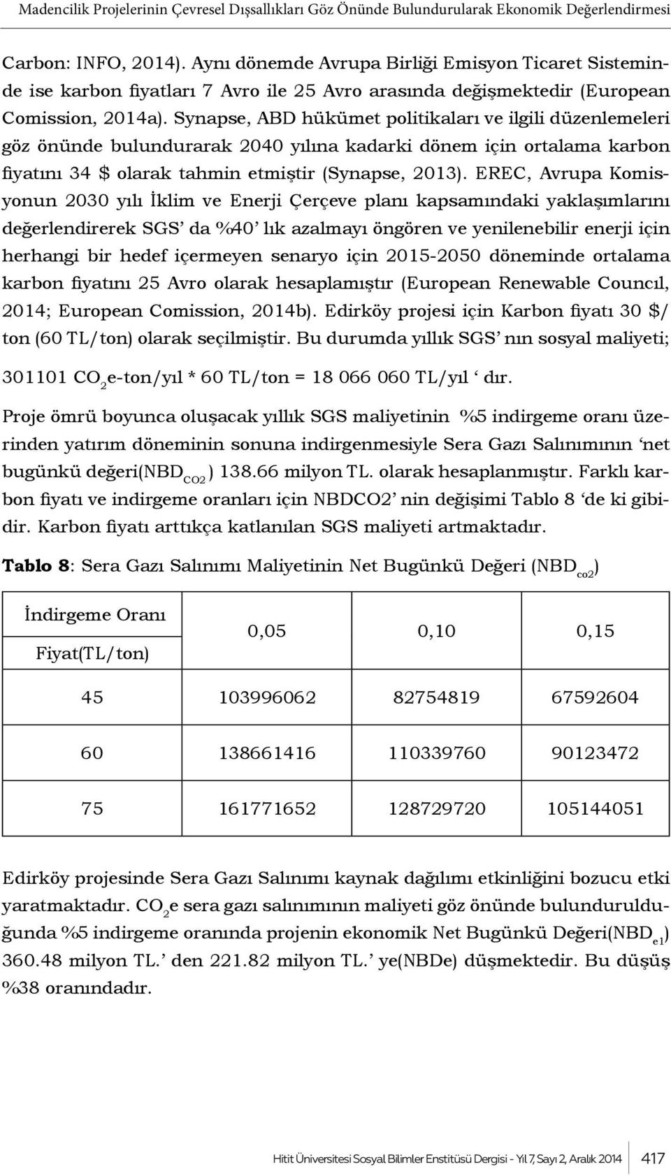 Synapse, ABD hükümet politikaları ve ilgili düzenlemeleri göz önünde bulundurarak 2040 yılına kadarki dönem için ortalama karbon fiyatını 34 $ olarak tahmin etmiştir (Synapse, 2013).