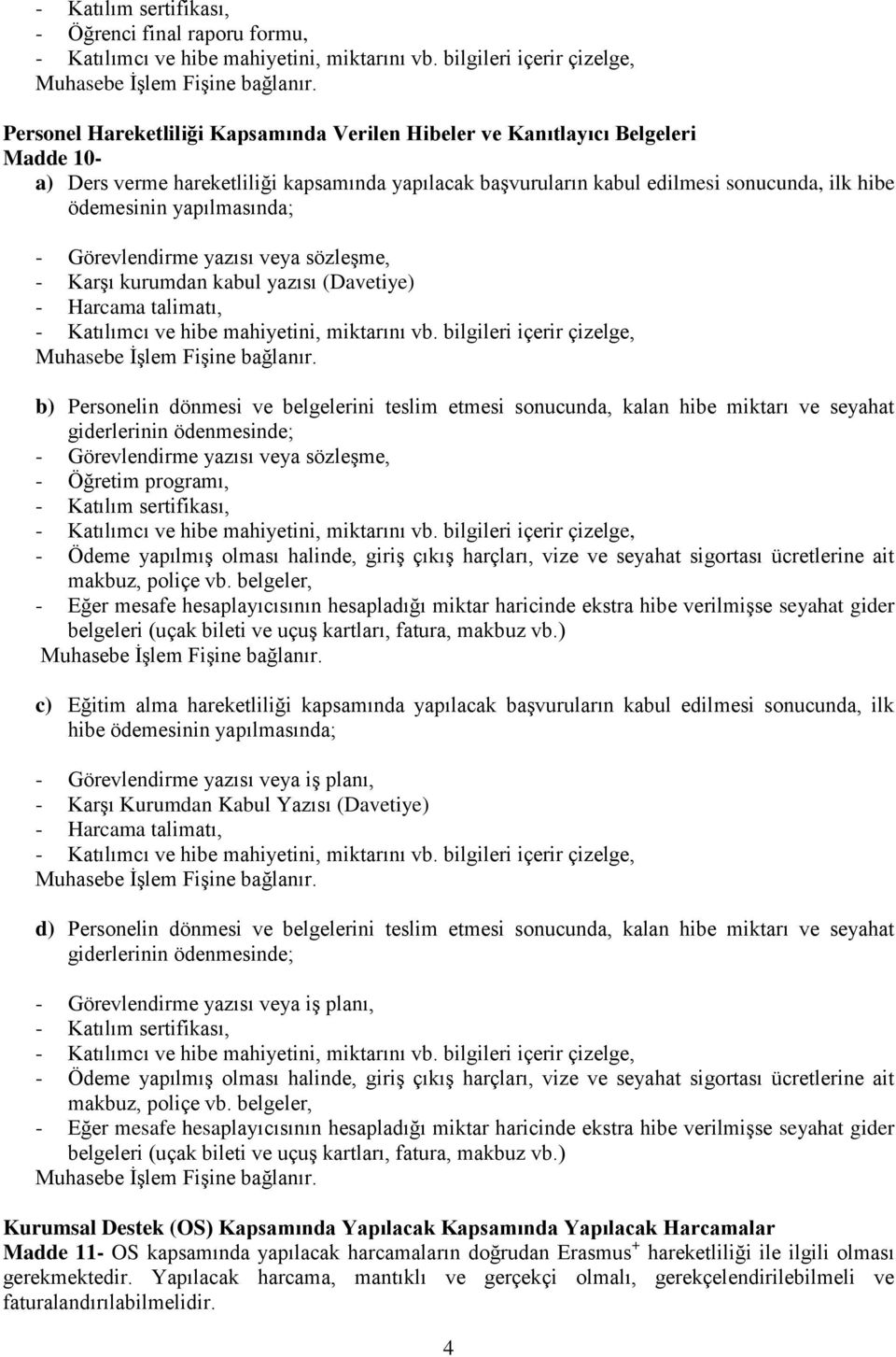 teslim etmesi sonucunda, kalan hibe miktarı ve seyahat giderlerinin ödenmesinde; - Görevlendirme yazısı veya sözleşme, - Öğretim programı, - Katılım sertifikası, - Ödeme yapılmış olması halinde,