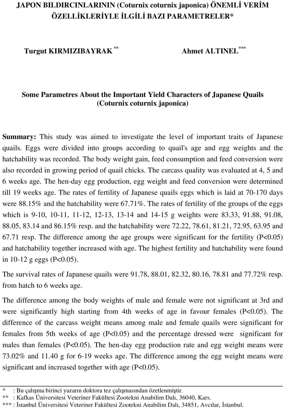 Eggs were divided into groups according to quail's age and egg weights and the hatchability was recorded.