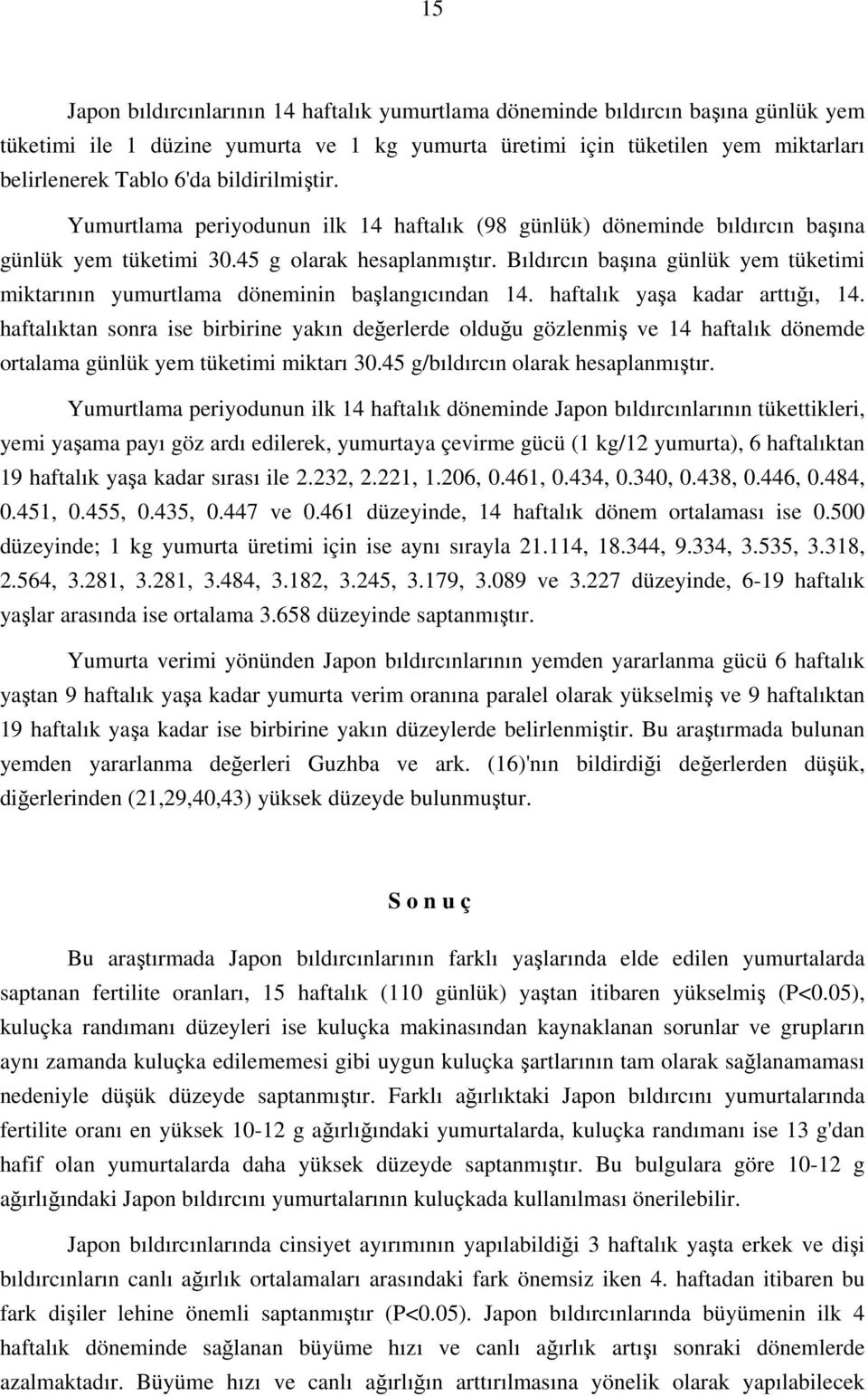 Bıldırcın başına günlük yem tüketimi miktarının yumurtlama döneminin başlangıcından 14. haftalık yaşa kadar arttığı, 14.