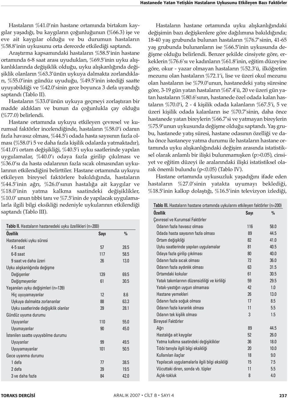 5 inin hastane ortamında 6-8 saat arası uyudukları, %69.5 inin uyku alışkanlıklarında değişiklik olduğu, uyku alışkanlığında değişiklik olanların %63.3 ünün uykuya dalmakta zorlandıkları, %55.