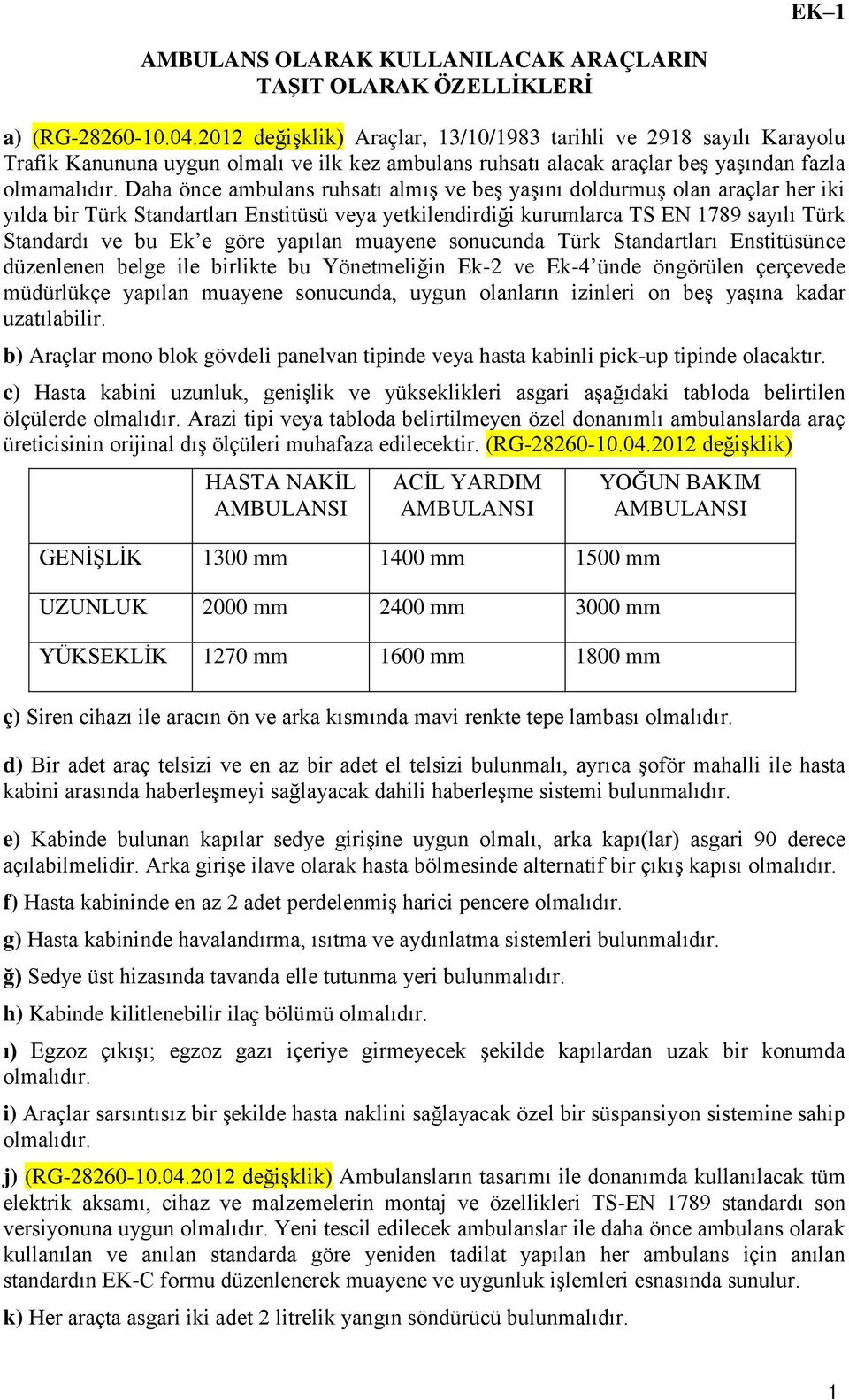 Daha önce ambulans ruhsatı almış ve beş yaşını doldurmuş olan araçlar her iki yılda bir Türk Standartları Enstitüsü veya yetkilendirdiği kurumlarca TS EN 789 sayılı Türk Standardı ve bu Ek e göre