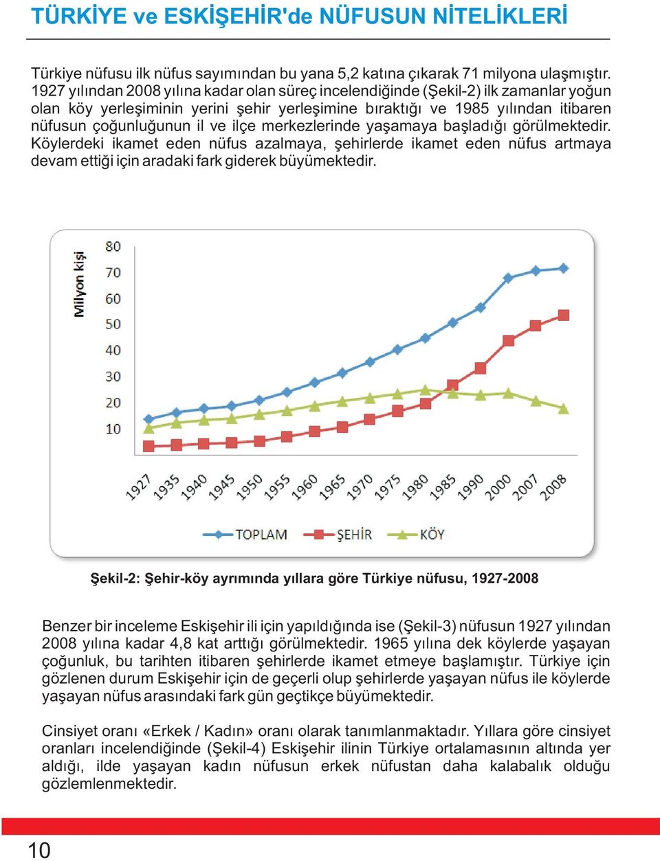 ilçe merkezlerinde yaþamaya baþladýðý görülmektedir. Köylerdeki ikamet eden nüfus azalmaya, þehirlerde ikamet eden nüfus artmaya devam ettiði için aradaki fark giderek büyümektedir.