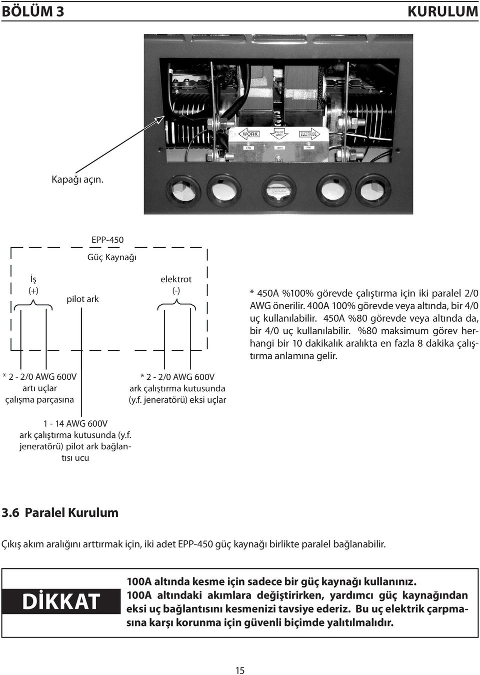 %80 maksimum görev herhangi bir 10 dakikalık aralıkta en fazla 8 dakika çalıştırma anlamına gelir. * 2-2/0 AWG 600V artı uçlar çalışma parçasına * 2-2/0 AWG 600V ark çalıştırma kutusunda (y.f. jeneratörü) eksi uçlar 1-14 AWG 600V ark çalıştırma kutusunda (y.