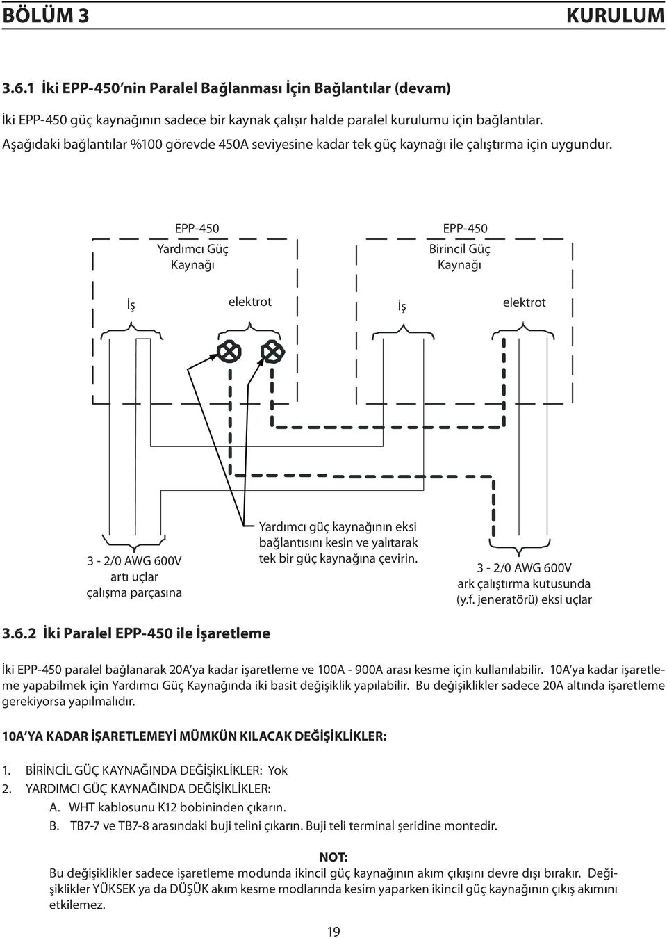 EPP-450 Yardımcı Güç Kaynağı EPP-450 Birincil Güç Kaynağı İş elektrot İş elektrot 3-2/0 AWG 600V artı uçlar çalışma parçasına Yardımcı güç kaynağının eksi bağlantısını kesin ve yalıtarak tek bir güç