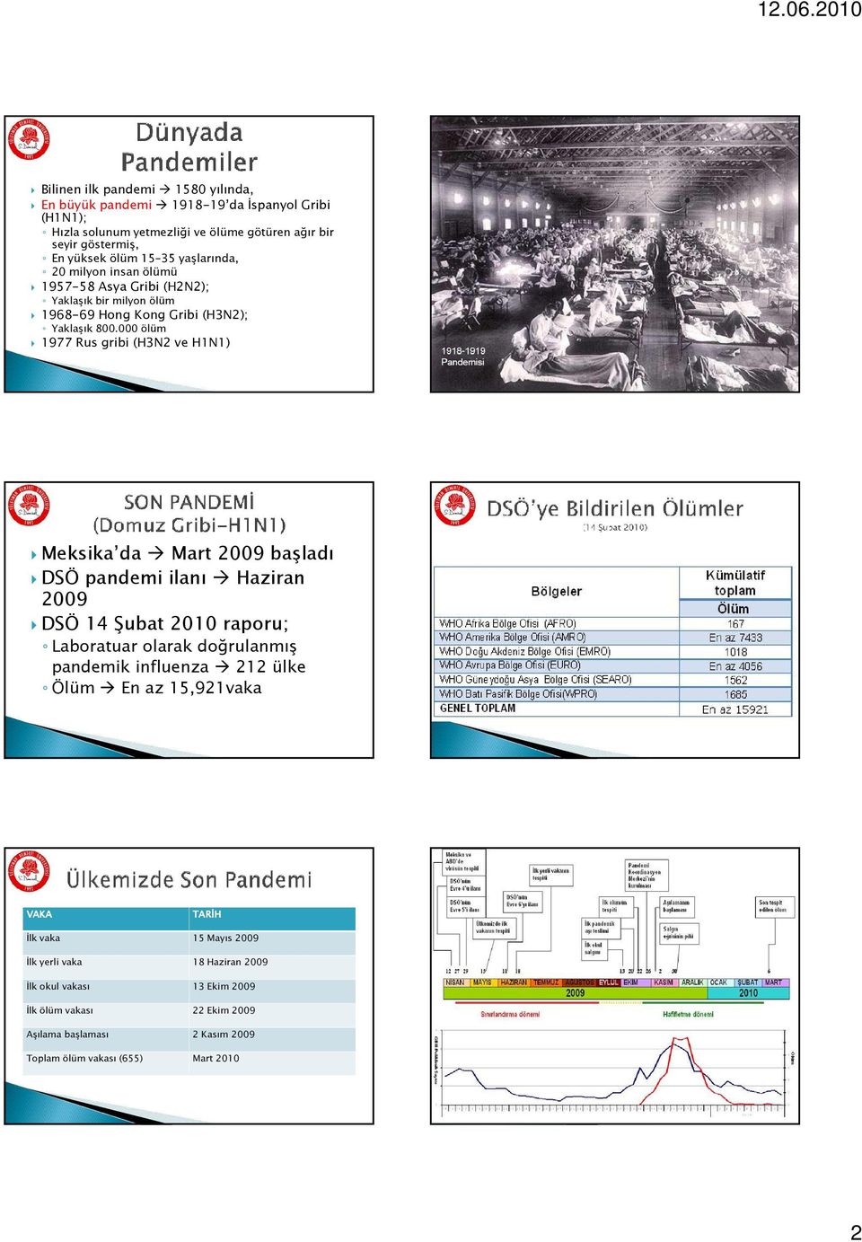 000 ölüm 1977 Rus gribi (H3N2 ve H1N1) Meksika da Mart 2009 başladı DSÖ pandemi ilanı Haziran 2009 DSÖ 14 Şubat 2010 raporu; Laboratuar olarak doğrulanmış pandemik influenza