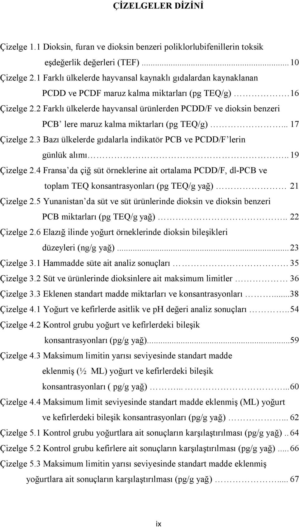 2 Farklı ülkelerde hayvansal ürünlerden PCDD/F ve dioksin benzeri PCB lere maruz kalma miktarları (pg TEQ/g)... 17 Çizelge 2.3 Bazı ülkelerde gıdalarla indikatör PCB ve PCDD/F lerin günlük alımı.