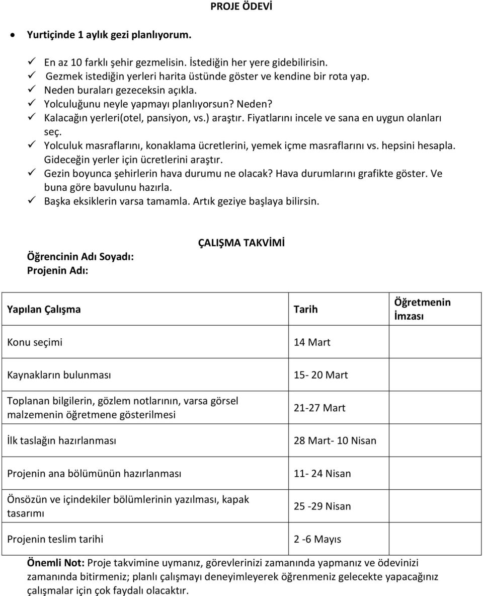 Yolculuk masraflarını, konaklama ücretlerini, yemek içme masraflarını vs. hepsini hesapla. Gideceğin yerler için ücretlerini araştır. Gezin boyunca şehirlerin hava durumu ne olacak?