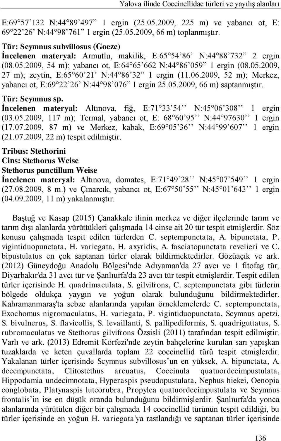 06.2009, 52 m); Merkez, yabancı ot, E:69 22 26 N:44 98 076 1 ergin 25.05.2009, 66 m) saptanmıģtır. Tür: Scymnus sp. Ġncelenen materyal: Altınova, fiğ, E:71 33 54 N:45 06 308 1 ergin (03.05.2009, 117 m); Termal, yabancı ot, E: 68 60 95 N:44 97630 1 ergin (17.