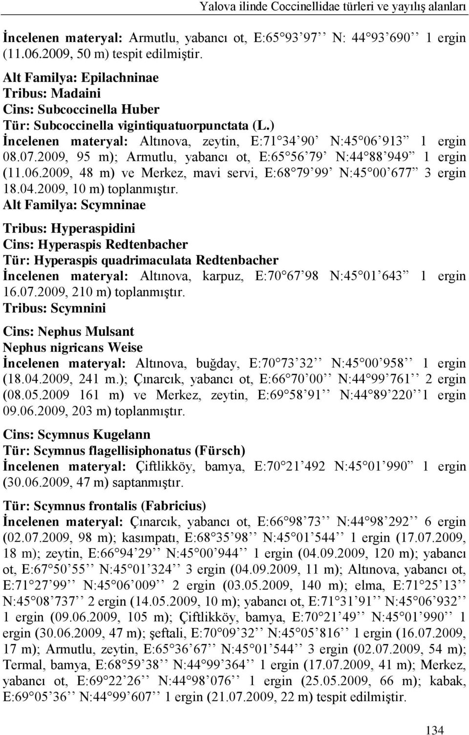 2009, 95 m); Armutlu, yabancı ot, E:65 56 79 N:44 88 949 1 ergin (11.06.2009, 48 m) ve Merkez, mavi servi, E:68 79 99 N:45 00 677 3 ergin 18.04.2009, 10 m) toplanmıģtır.