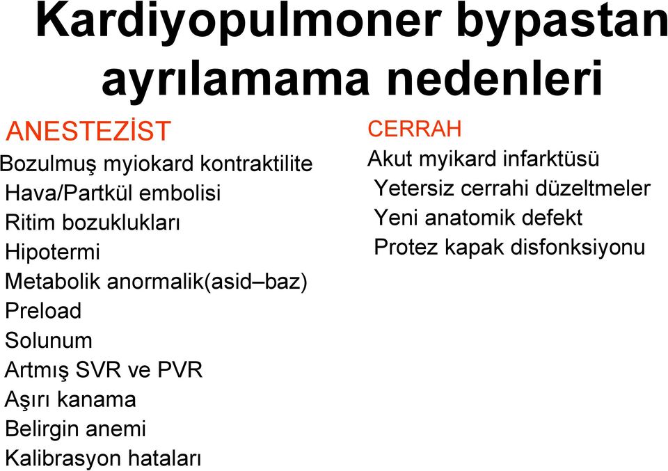 Solunum Artmış SVR ve PVR Aşırı kanama Belirgin anemi Kalibrasyon hataları CERRAH Akut