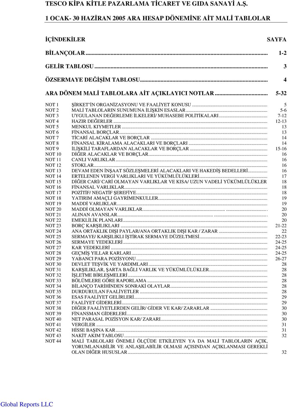 .. 13 NOT 6 F NANSAL BORÇLAR... 13 NOT 7 T CAR ALACAKLAR VE BORÇLAR... 14 NOT 8 F NANSAL K RALAMA ALACAKLARI VE BORÇLARI... 14 NOT 9 L K L TARAFLARDAN ALACAKLAR VE BORÇLAR.