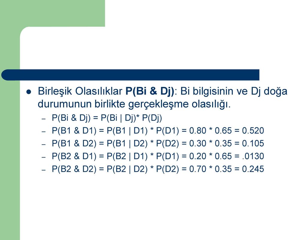 P(Bi & Dj) = P(Bi Dj)* P(Dj) P(B1 & D1) = P(B1 D1) * P(D1) = 0.80 * 0.65 = 0.