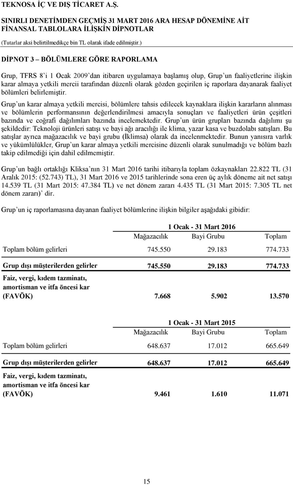 Grup un karar almaya yetkili mercisi, bölümlere tahsis edilecek kaynaklara ilişkin kararların alınması ve bölümlerin performansının değerlendirilmesi amacıyla sonuçları ve faaliyetleri ürün çeşitleri