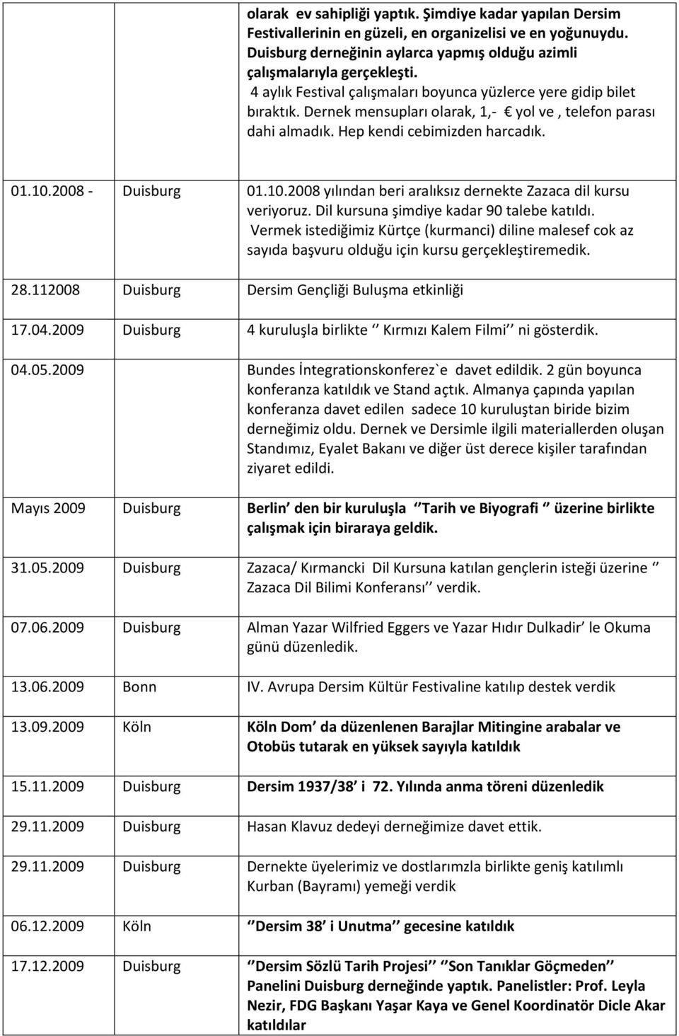 2008 - Duisburg 01.10.2008 yılından beri aralıksız dernekte Zazaca dil kursu veriyoruz. Dil kursuna şimdiye kadar 90 talebe katıldı.