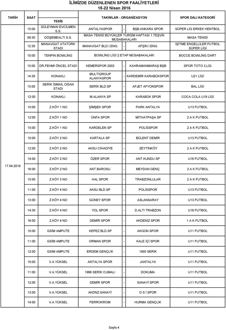 LİG 14:30 KONAKLI SERİK İSMAİL OĞAN STADI MULTİGROUP ALANYASPOR - KARDEMİR KARABÜKSPOR U21 LİGİ SERİK BLD.SP - AFJET AFYONSPOR BAL LİGİ 12:00 KONAKLI M.ALANYA SP - KARABÜK SPOR COCA COLA U19 LİGİ Z.