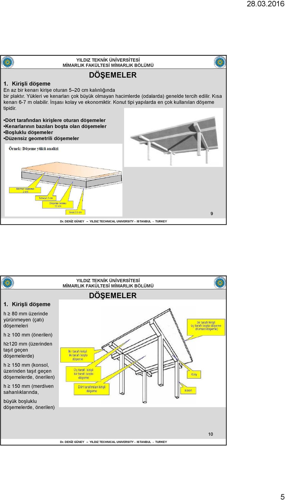 Dört tarafından kirişlere oturan döşemeler Kenarlarının bazıları boşta olan döşemeler Boşluklu döşemeler Düzensiz geometrili döşemeler 9 1.