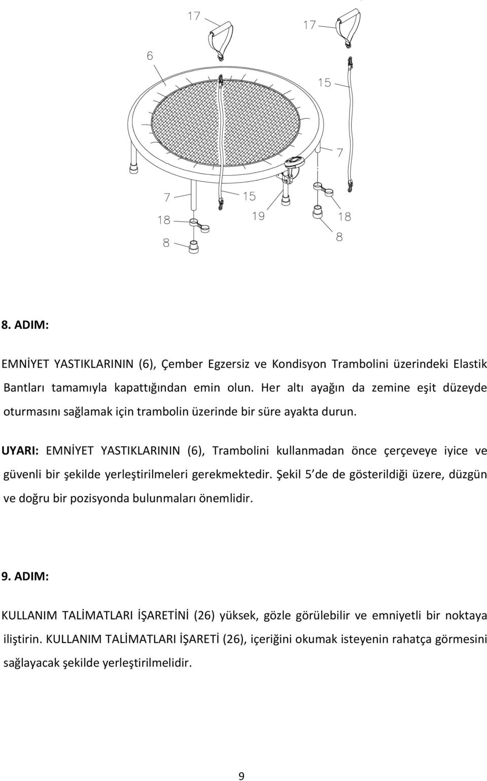 UYARI: EMNİYET YASTIKLARININ (6), Trambolini kullanmadan önce çerçeveye iyice ve güvenli bir şekilde yerleştirilmeleri gerekmektedir.