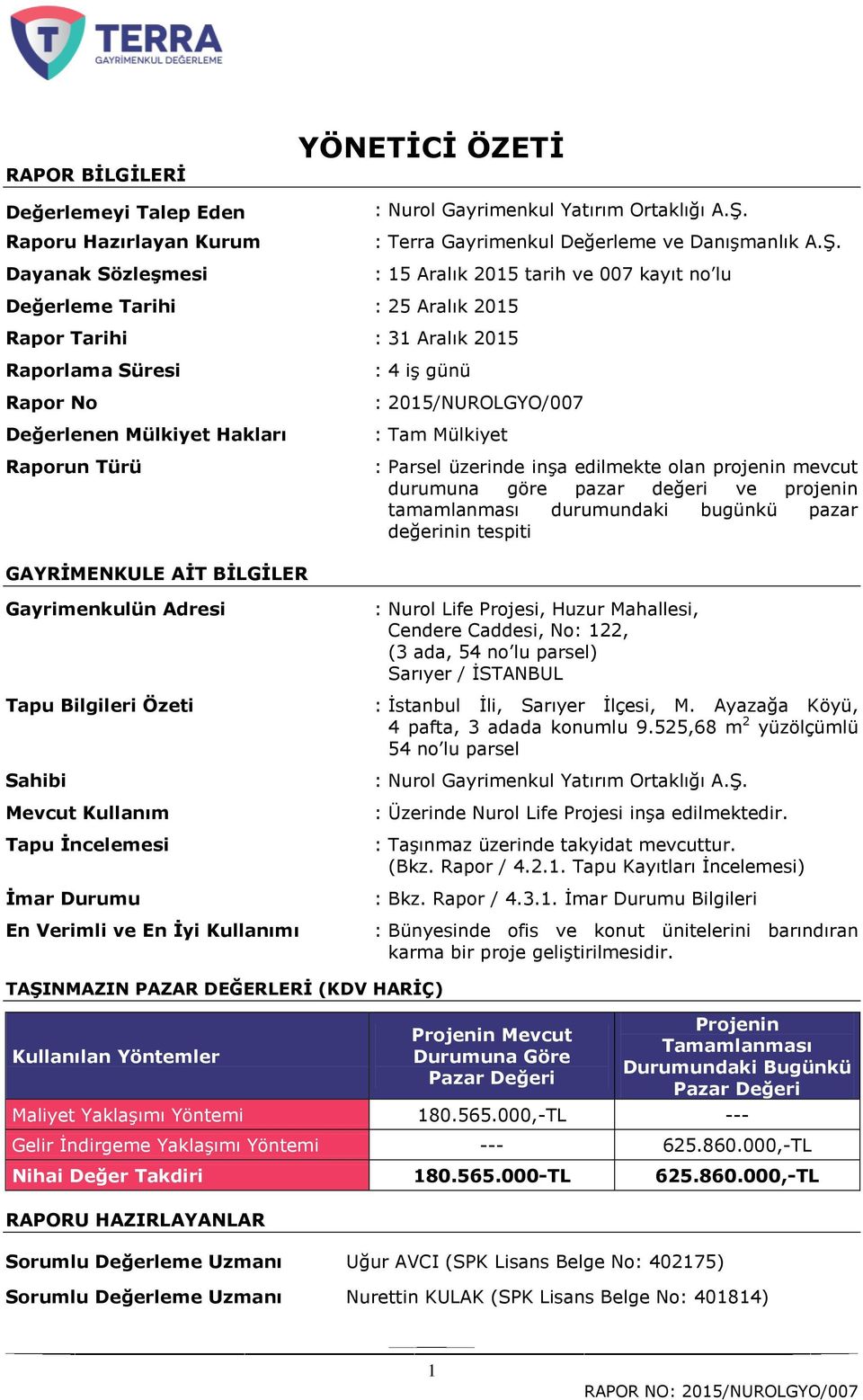 : 15 Aralık 2015 tarih ve 007 kayıt no lu Değerleme Tarihi : 25 Aralık 2015 Rapor Tarihi : 31 Aralık 2015 Raporlama Süresi Rapor No Değerlenen Mülkiyet Hakları Raporun Türü : 4 iģ günü :