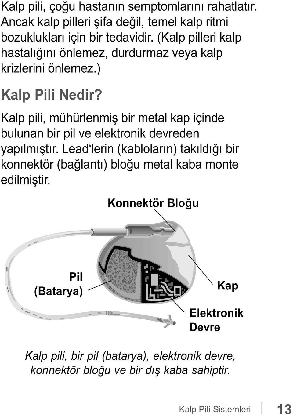 Kalp pili, mühürlenmiş bir metal kap içinde bulunan bir pil ve elektronik devreden yapılmıştır.