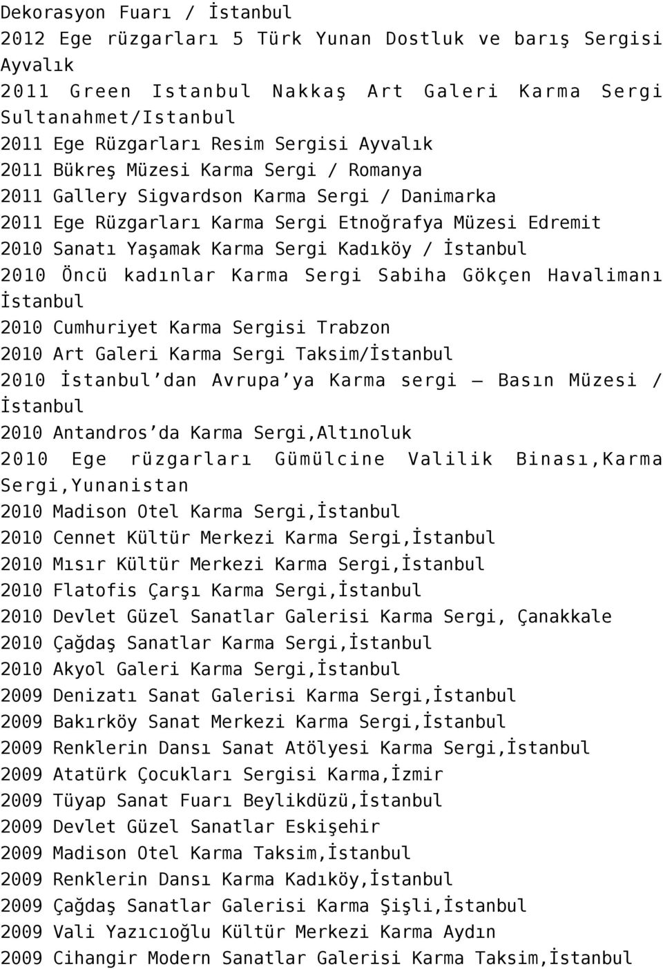 İstanbul 2010 Öncü kadınlar Karma Sergi Sabiha Gökçen Havalimanı İstanbul 2010 Cumhuriyet Karma Sergisi Trabzon 2010 Art Galeri Karma Sergi Taksim/İstanbul 2010 İstanbul dan Avrupa ya Karma sergi