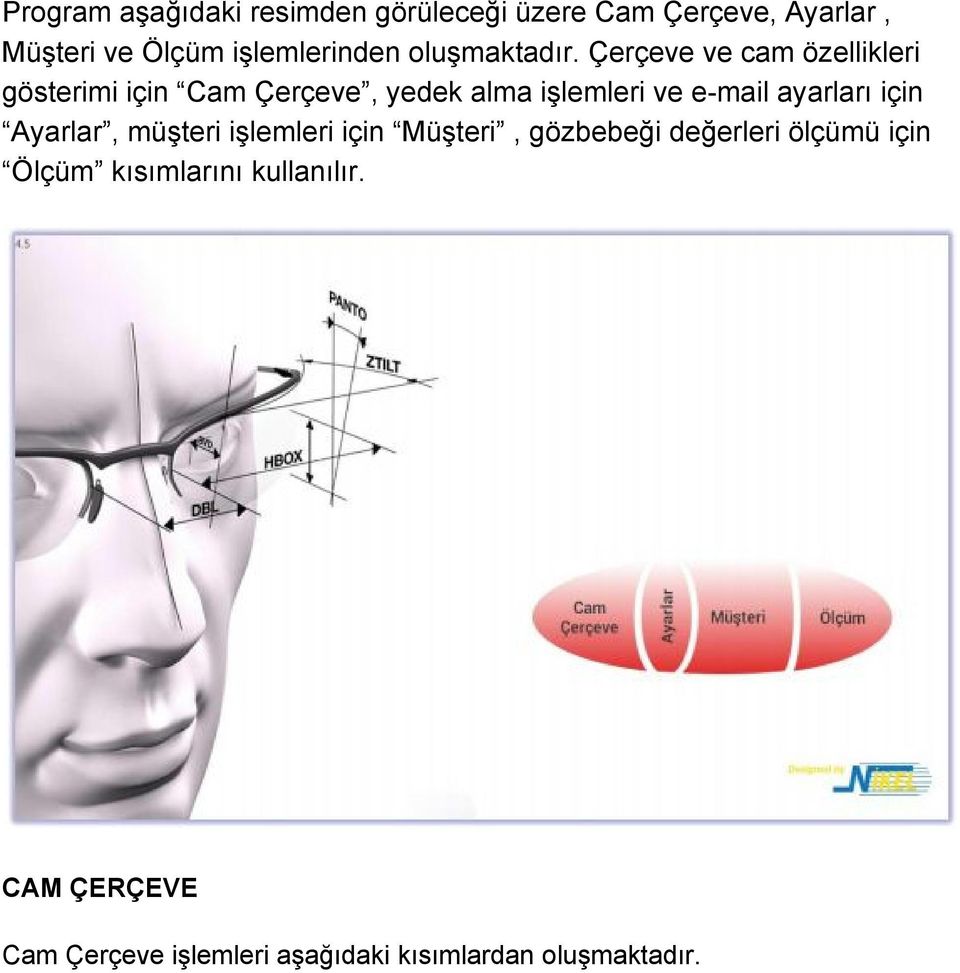 Çerçeve ve cam özellikleri gösterimi için Cam Çerçeve, yedek alma işlemleri ve e mail ayarları