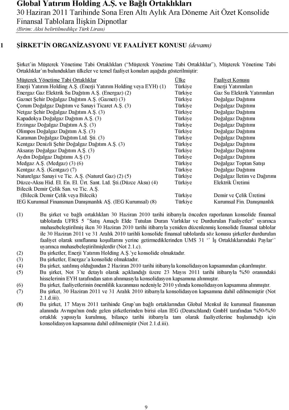 (Enerji Yatırım Holding veya EYH) (1) Türkiye Enerji Yatırımları Energaz Gaz Elektrik Su Dağıtım A.Ş. (Energaz) (2) Türkiye Gaz Su Elektrik Yatırımları Gaznet Şehir Doğalgaz Dağıtım A.Ş. (Gaznet) (3) Türkiye Doğalgaz Dağıtımı Çorum Doğalgaz Dağıtım ve Sanayi Ticaret A.