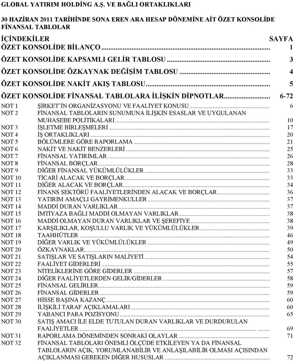 .. 6-72 NOT 1 ŞĐRKET ĐN ORGANĐZASYONU VE FAALĐYET KONUSU... 6 NOT 2 FĐNANSAL TABLOLARIN SUNUMUNA ĐLĐŞKĐN ESASLAR VE UYGULANAN MUHASEBE POLĐTĐKALARI... 10 NOT 3 ĐŞLETME BĐRLEŞMELERĐ.