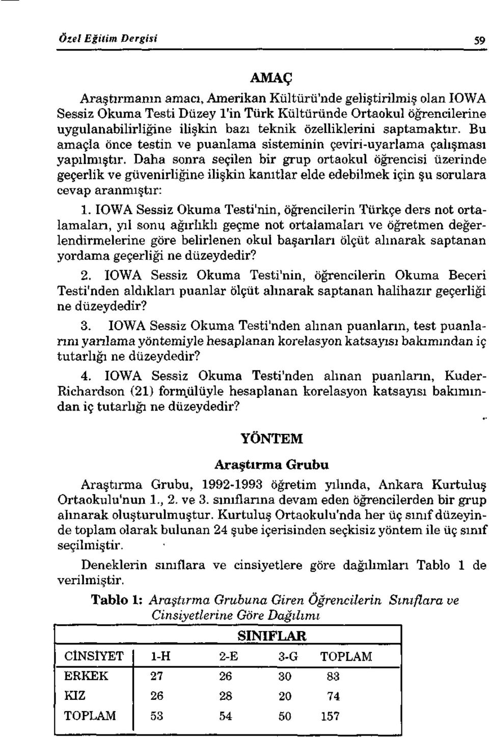 Daha sonra seçilen bir grup ortaokul öğrencisi üzerinde geçerlik ve güvenirliğine ilişkin kanıtlar elde edebilmek için şu sorulara cevap aranmıştır: 1.