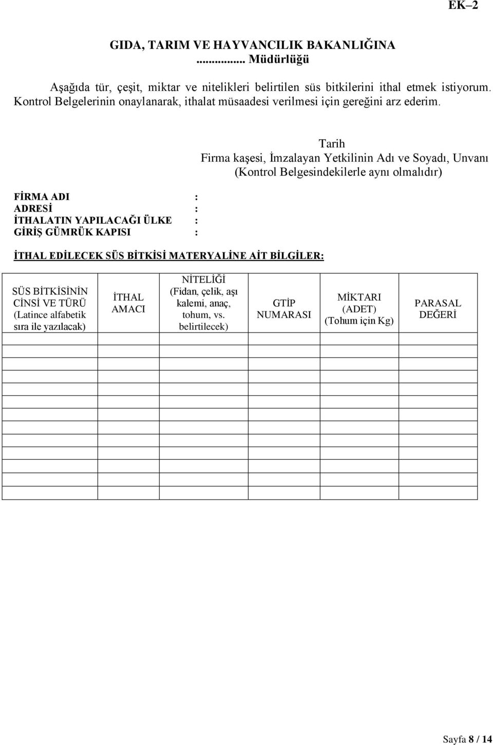 FİRMA ADI : ADRESİ : İTHALATIN YAPILACAĞI ÜLKE : GİRİŞ GÜMRÜK KAPISI : İTHAL EDİLECEK SÜS BİTKİSİ MATERYALİNE AİT BİLGİLER: Tarih Firma kaşesi, İmzalayan Yetkilinin Adı ve