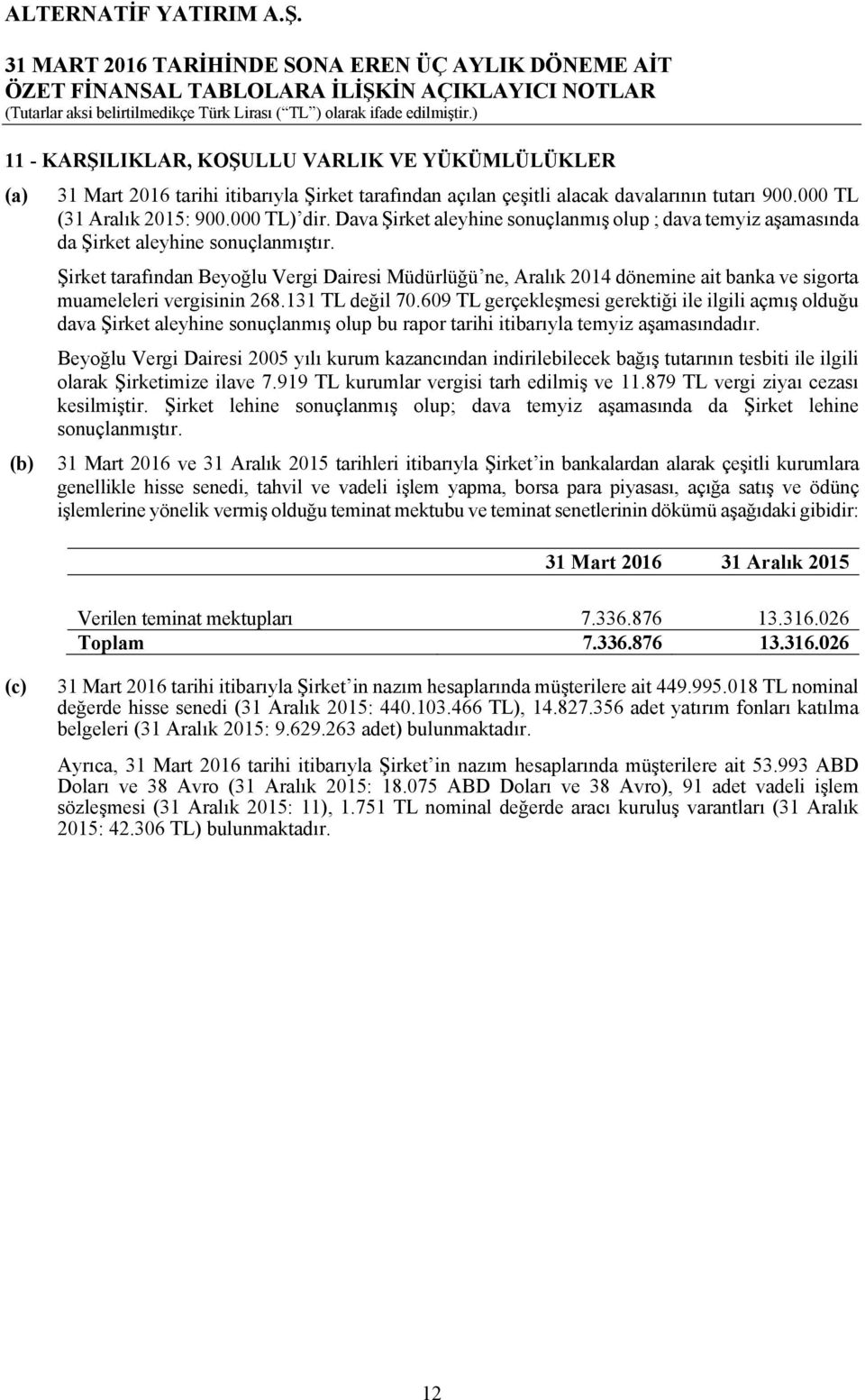 Şirket tarafından Beyoğlu Vergi Dairesi Müdürlüğü ne, Aralık 2014 dönemine ait banka ve sigorta muameleleri vergisinin 268.131 TL değil 70.