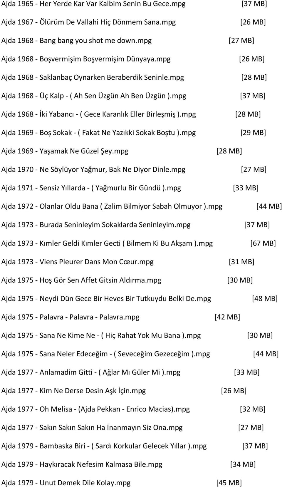 mpg Ajda 1969 - Boş Sokak - ( Fakat Ne Yazıkki Sokak Boştu ).mpg Ajda 1969 - Yaşamak Ne Güzel Şey.mpg Ajda 1970 - Ne Söylüyor Yağmur, Bak Ne Diyor Dinle.