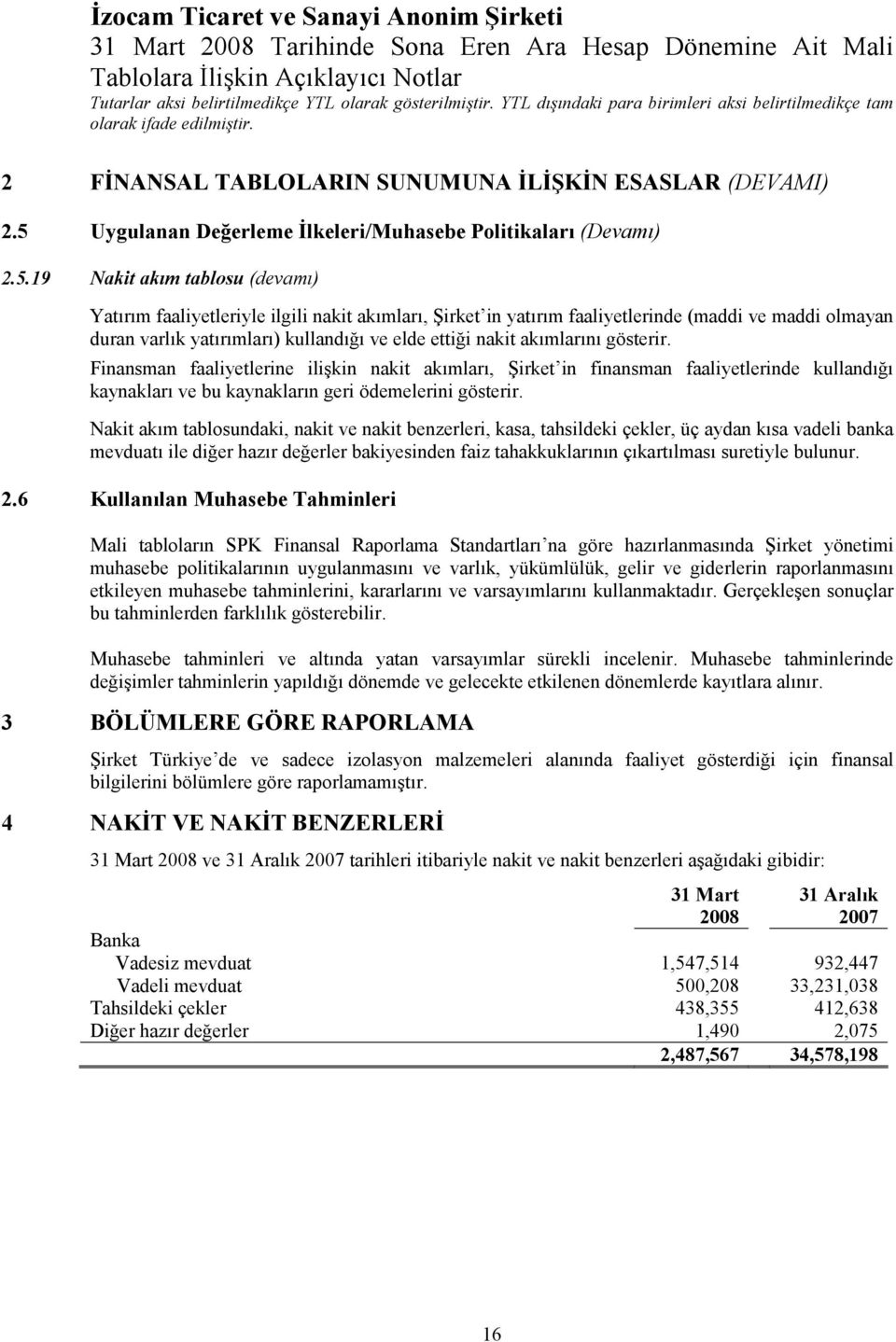 19 Nakit akım tablosu (devamı) Yatırım faaliyetleriyle ilgili nakit akımları, Şirket in yatırım faaliyetlerinde (maddi ve maddi olmayan duran varlık yatırımları) kullandığı ve elde ettiği nakit